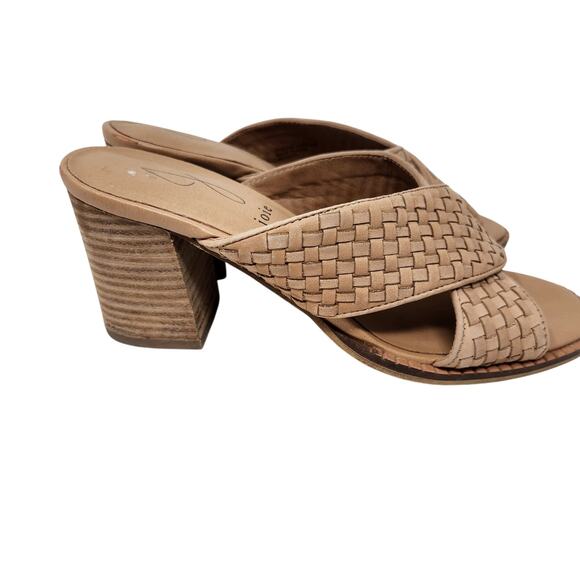 Joie Tan Criss Cross Woven Leather Peep Toe Block Heels Slip On Sandals Size 8 - Picture 4 of 10